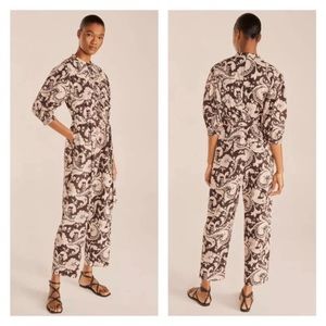 Rebecca Taylor Scroll Paisley Pleated Jumpsuit Cotton Brown - size Small